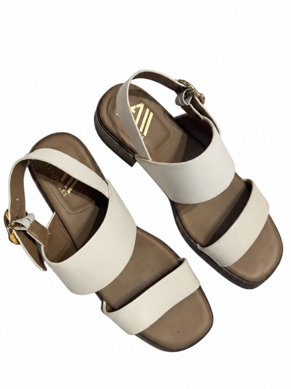 Aerolsole Cream Leather Two-Strap Ankle Sandals